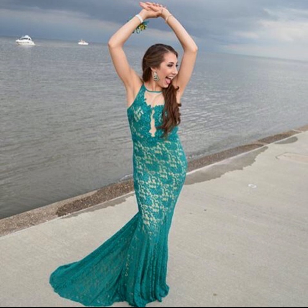 Long, teal/green, neckline prom dress